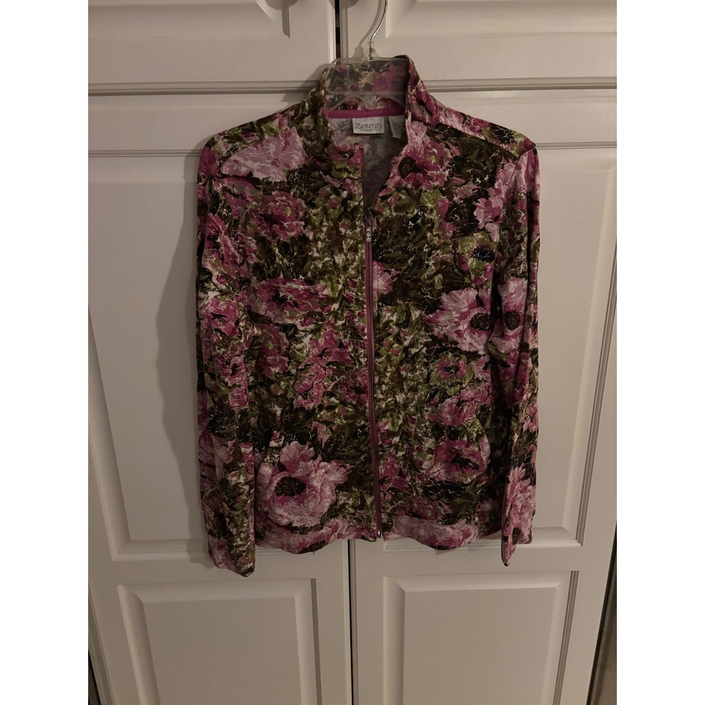 Zenergy by Chicos Floral Full Zip Jacket Pink Green Size 1 Rhinestone Zipper